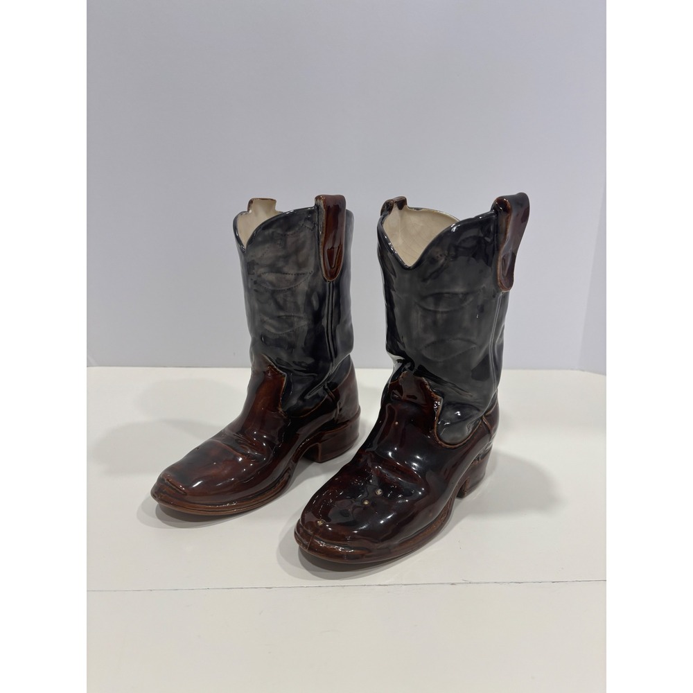 Vintage Ceramic Cowboy Boot Vases Brown Black Glazed Western Decor Set of 2 8"